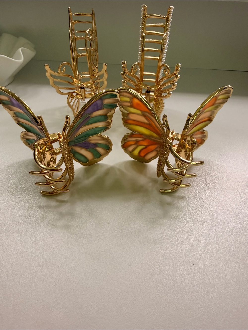 Gold Butterfly Hair Clips with Pastel Inlay (Set of 4) - Picture 4 of 7